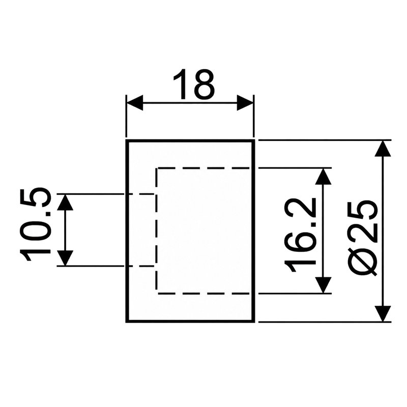 Disegno quotato del manicotto distanziatore LF 3624.018: lunghezza 18 mm, diametro esterno 25 mm, fori da 10.5 e 16.2 mm