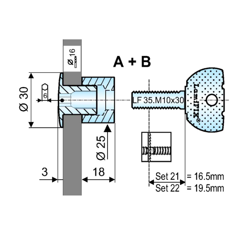Original catalogue drawing for Sets 21 and 22 A/B, fixing to steel stringers: Ø16 mm hole, Ø25 × 18 mm stainless steel spacer sleeve and Ø30 mm round nut