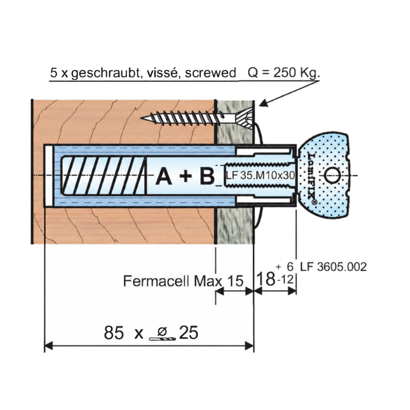Treppenbolzen Set 6A und 6B: Einbau in Holz mit Schallschutz, Bohrung 85 × Ø25 mm und Fermacell max. 15 mm