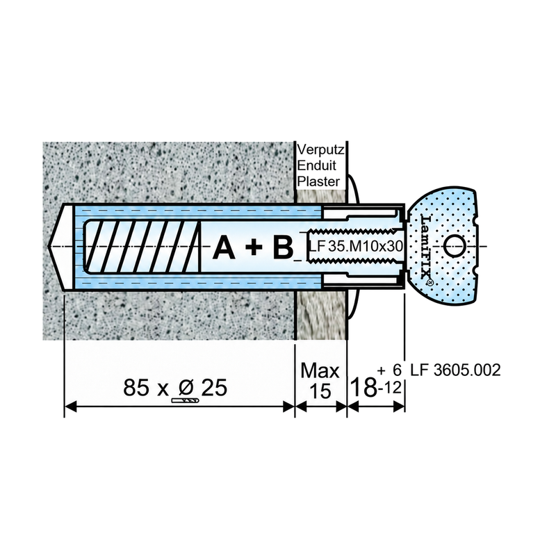 Treppenbolzen Set 7A und 7B: Einbau in Beton, Bohrung 85 × Ø25 mm, Verputz max. 15 mm