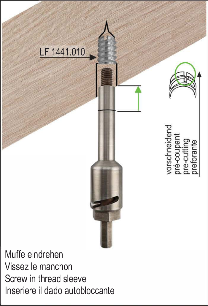 Montageschritt 2: Gewindemuffe LF 1441.010 mit dem Eindrehwerkzeug in den Handlauf eindrehen.