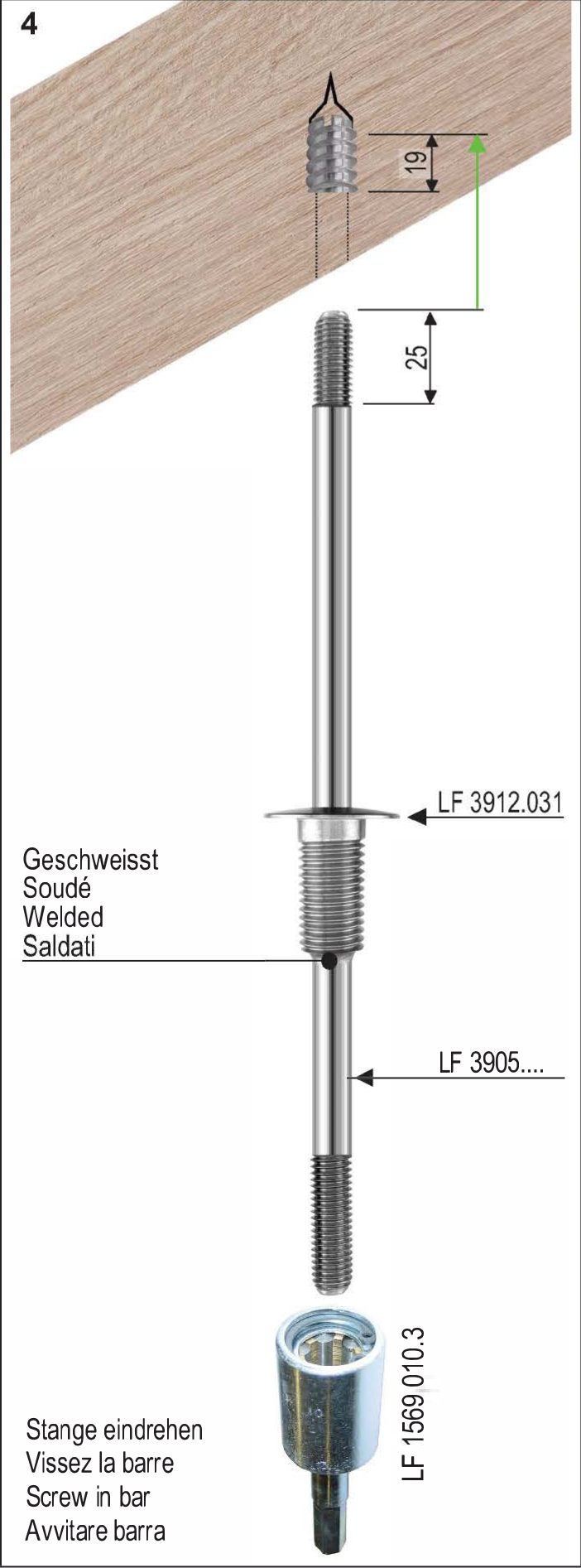 Montageschritt 4: Stange LF 3905 in die Gewindemuffe eindrehen; Anwendung des Ein- und Ausdrehers LF 1569.010.
