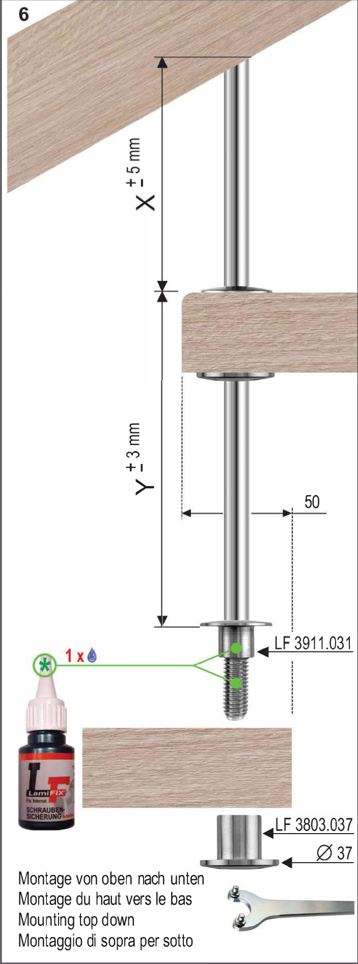 Montageschritt 6: 10-mm-Stufenaufhängung von oben nach unten montieren und Rosetten mit dem Stirnlochschlüssel LF 3807.025 festziehen.