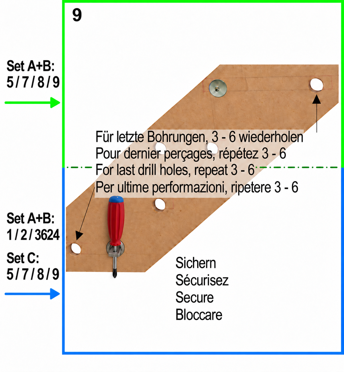 Montageschritt 9: Holzschablone mit Zentrierring und Schraubenzieher durch das Querloch des Treppenbolzens sichern.