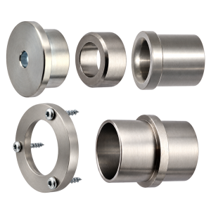 LamiFIX Bohrhilfen-Set LF 2121.001.4 mit Anschraubrosetten, Bohrbüchse, Anschraubring und Führungshülse auf weissem Hintergrund