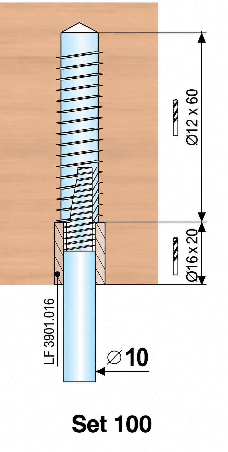 Set 100 im Holzanschluss mit Holzhülse Tanne LF 3901.016: obere Bohrung Ø12 × 60 mm, untere Bohrung Ø16 × 20 mm und Stange Ø10 mm.