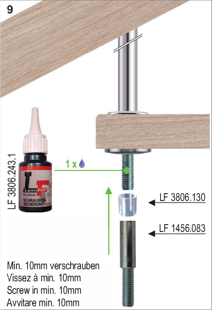 Montageschritt 9: Gewindestange mit LF 1456.083 verlängern; mindestens 10 mm einschrauben.
