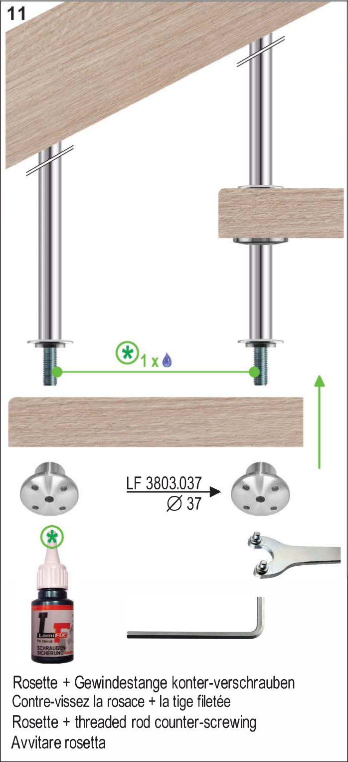 Montageschritt 11: Untere Treppenstufe befestigen und Rosette LF 3803.037 kontern.